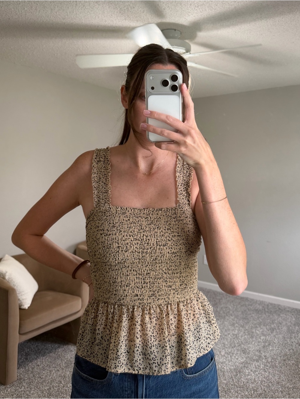 Beige Smocked Square-Neck Tank with Ruffle Hem